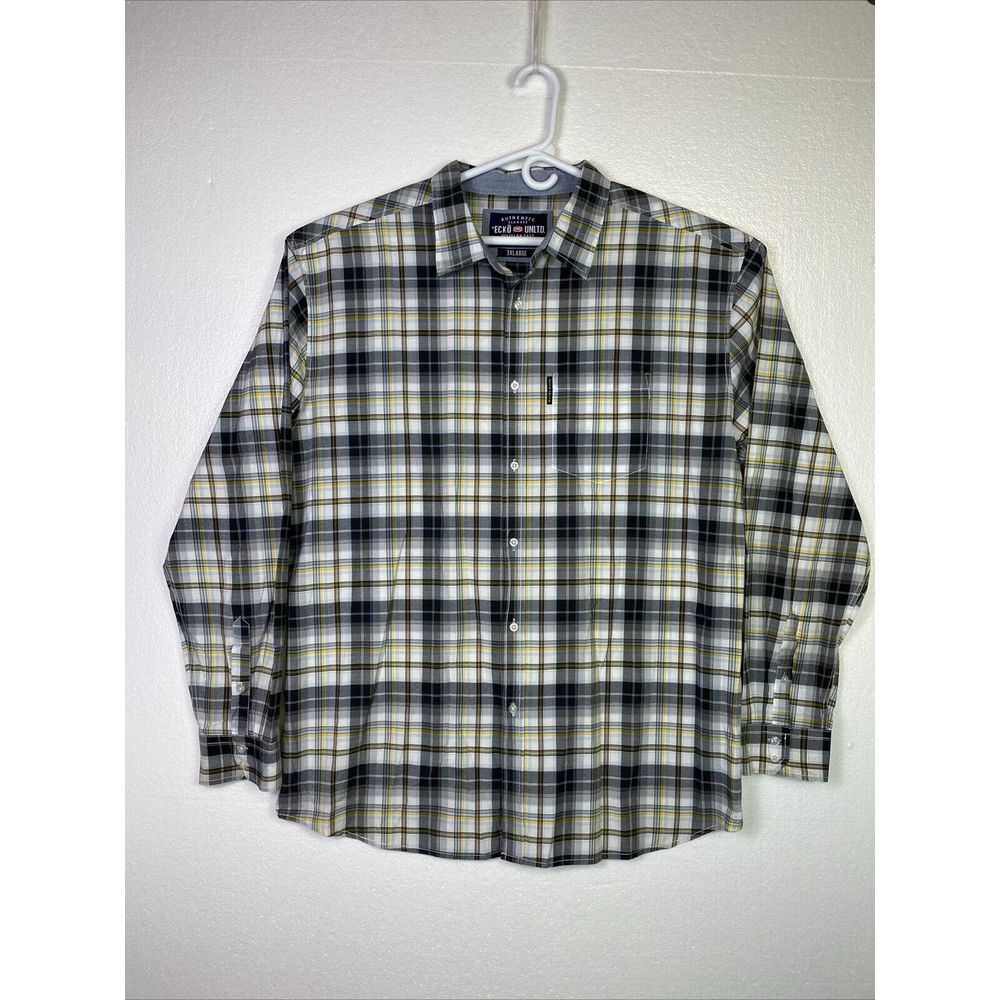 ECKO Unltd Mens Shirt 3XL Gray Plaid Logo Long sleeve Button up Pocket